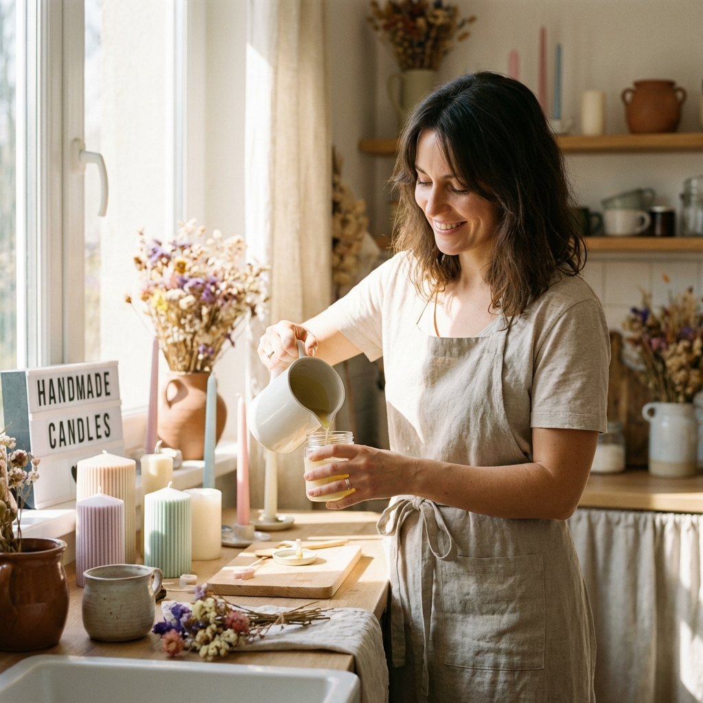 Frau stellt handgefertigte Kerzen her
